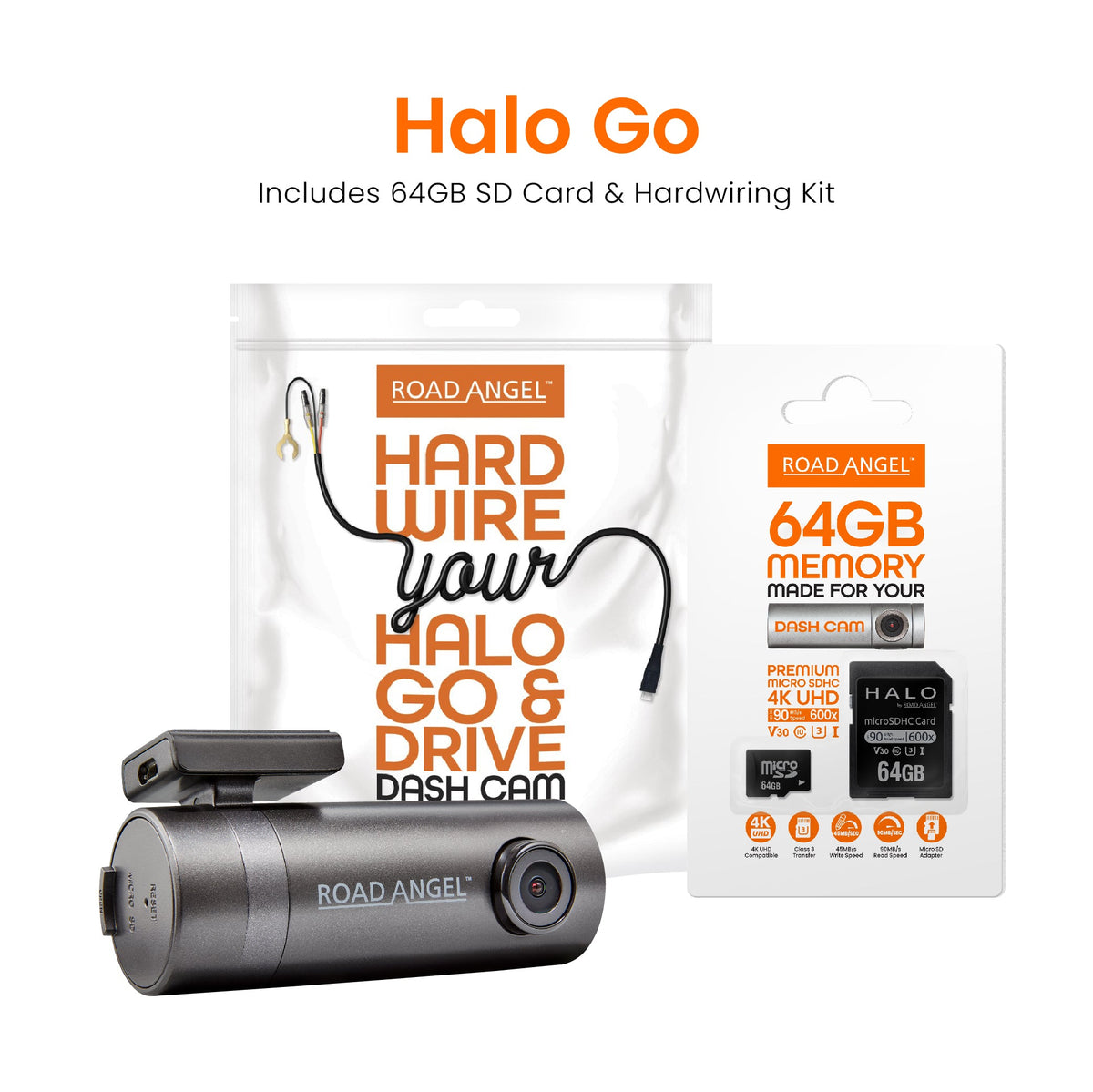 Road Angel Halo Go Compact Dashcam avec carte SD et câbles dans le paquet