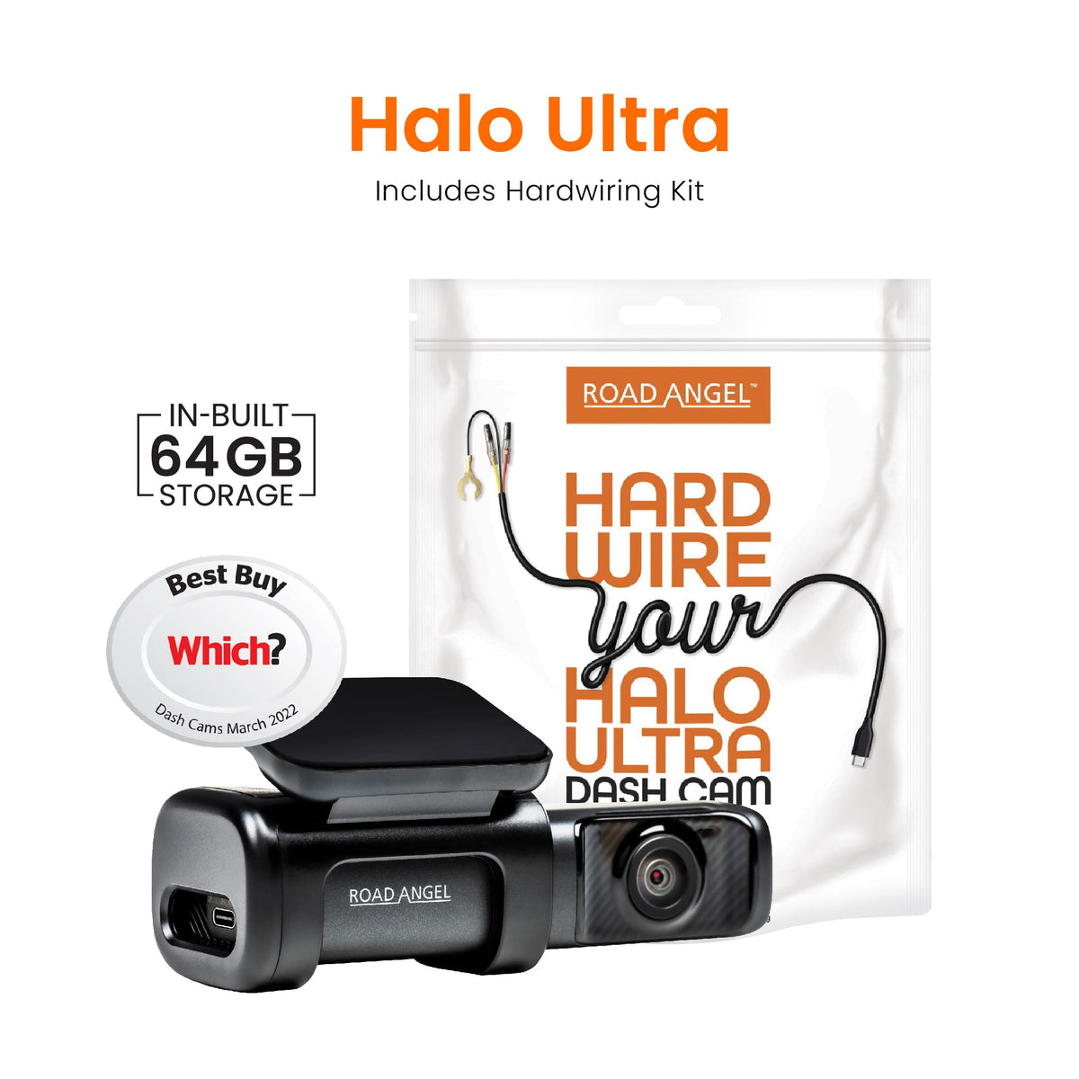 Road Angel Halo Ultra 4K Dash Cam avec kit de câblage avec paquet interne 64 Go SSD