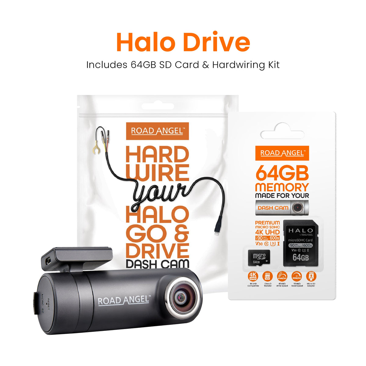 Road Angel Halo Drive 2 2K Compact Dashcam avec carte SD et câbles dans le paquet