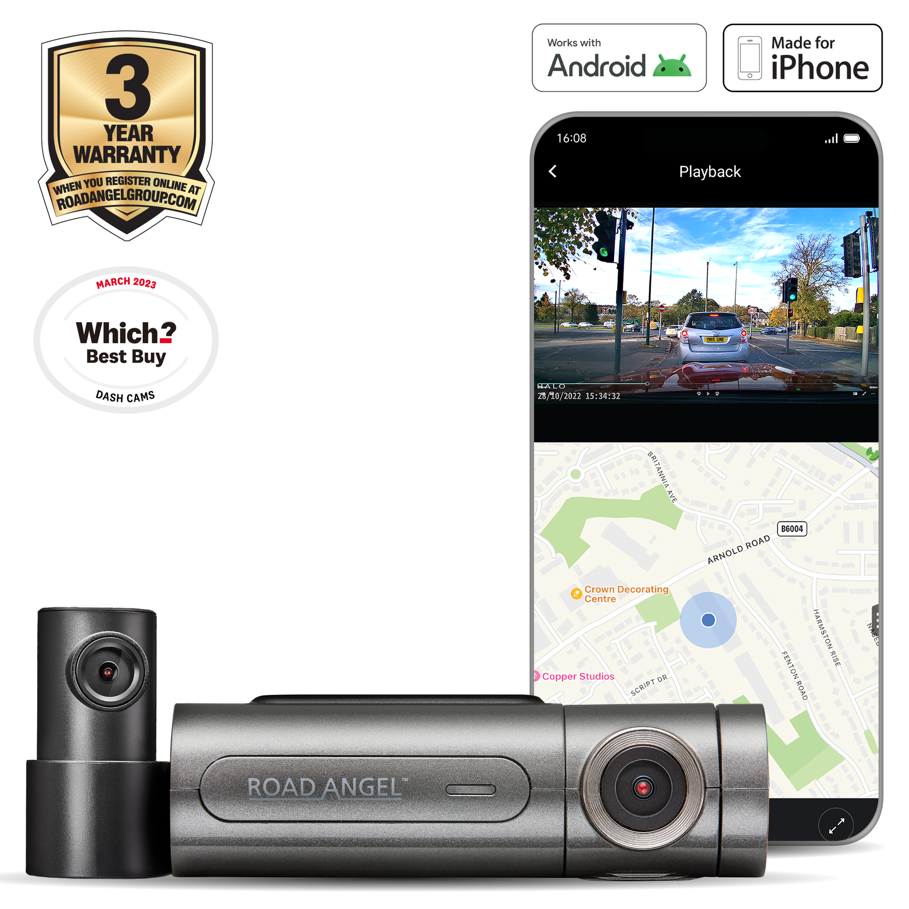 Road Angel Halo Pro 2K-Dashcam utilisé et 1K compatible avec le mode Dual-Park