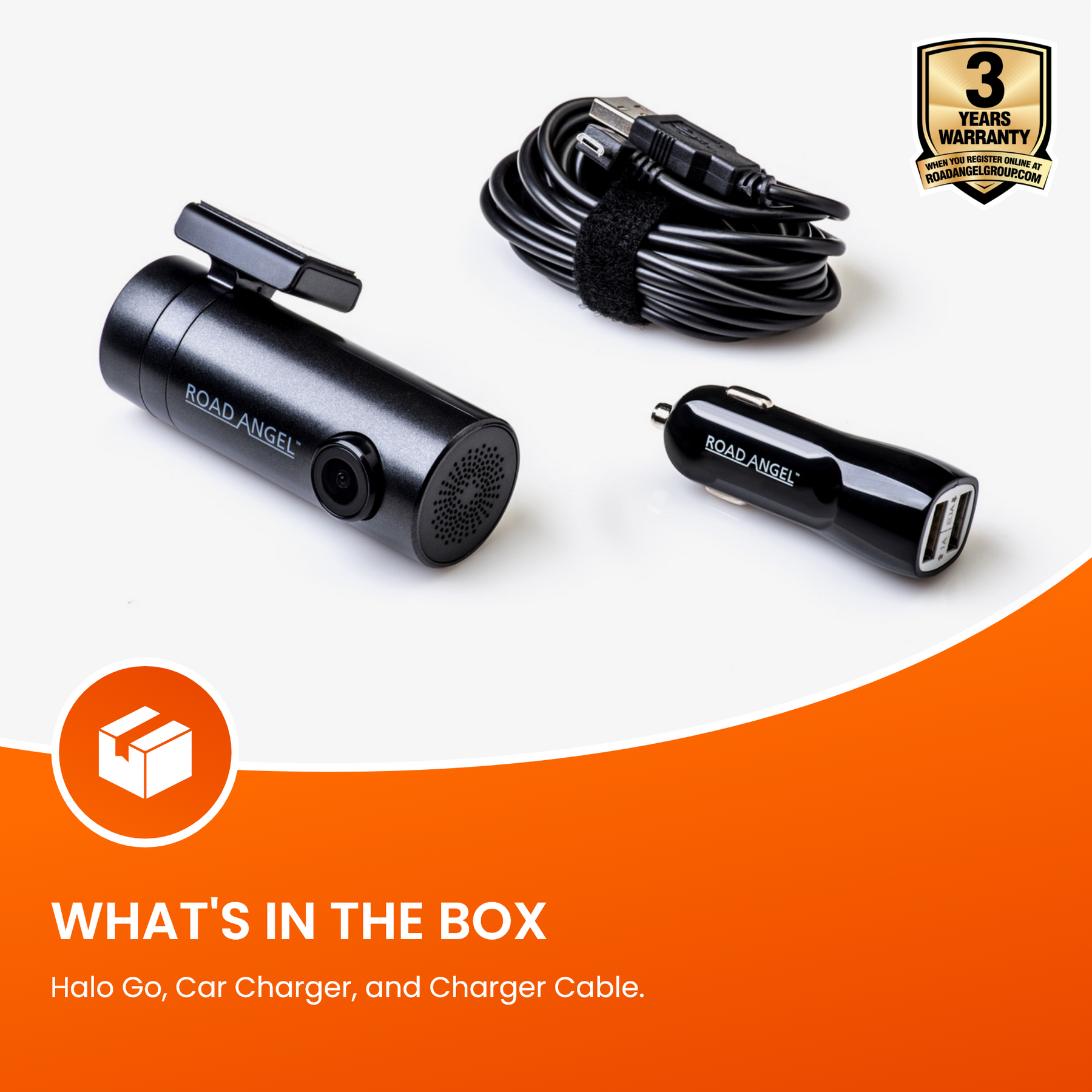 Road Angel Halo Go Compact Dashcam avec carte SD et câbles dans le paquet