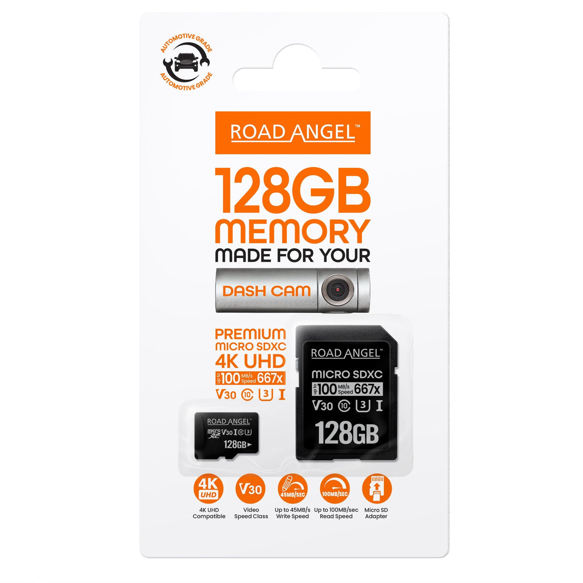 Carte MicroSD Road Angel 128 Go - Qualité automobile, conçue pour les caméras embarquées Halo