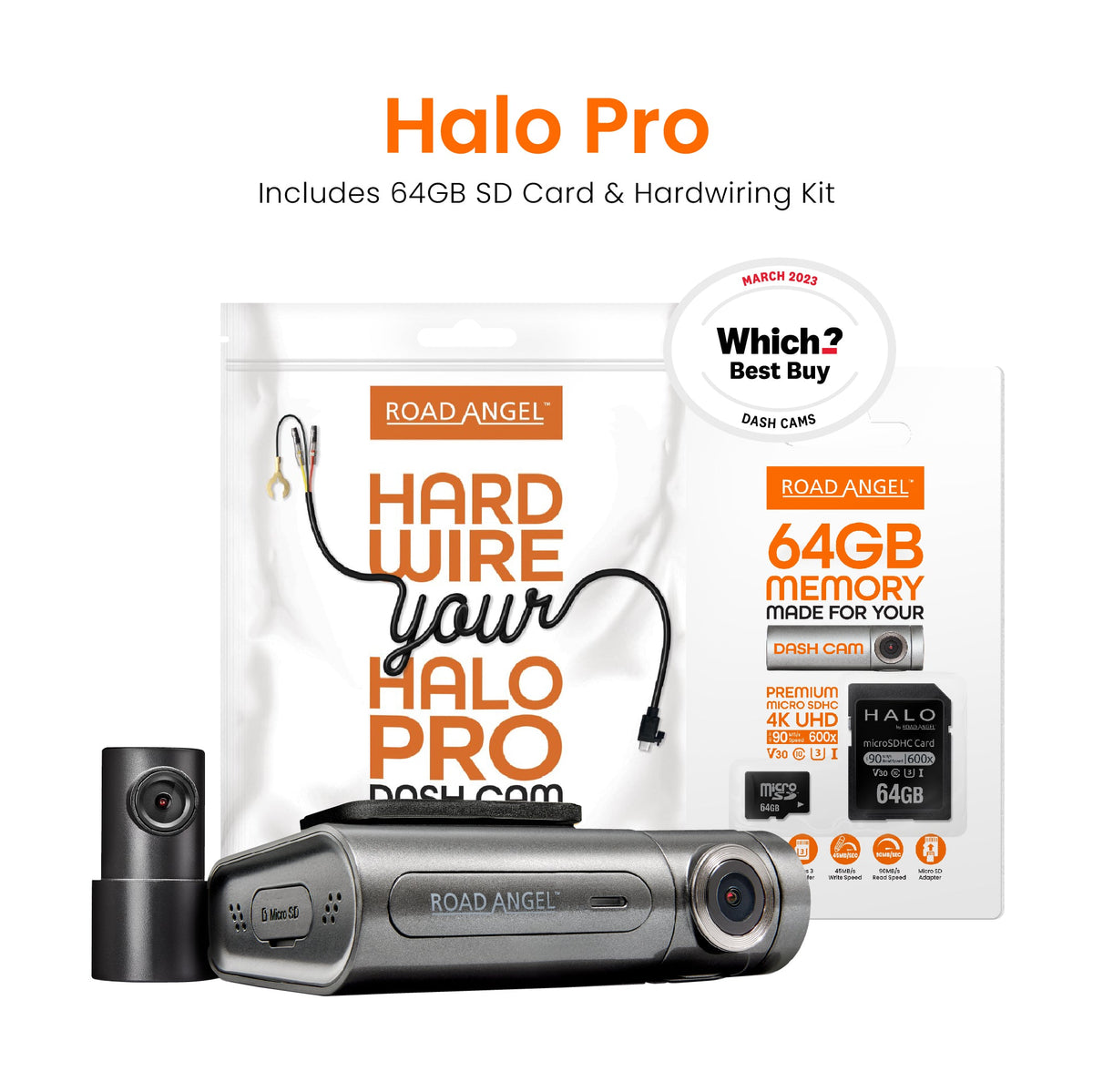 Road Angel Halo Pro Avant et arrière Dashcam avec carte SD et câbles dans le paquet 