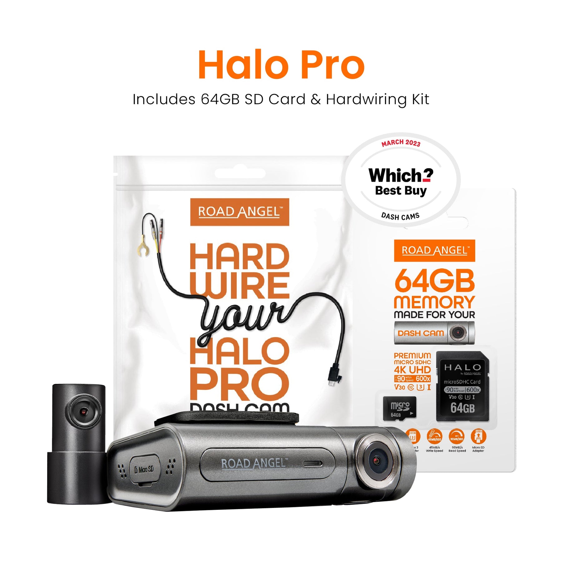 Road Angel Halo Pro Avant et arrière Dashcam avec carte SD et câbles dans le paquet 