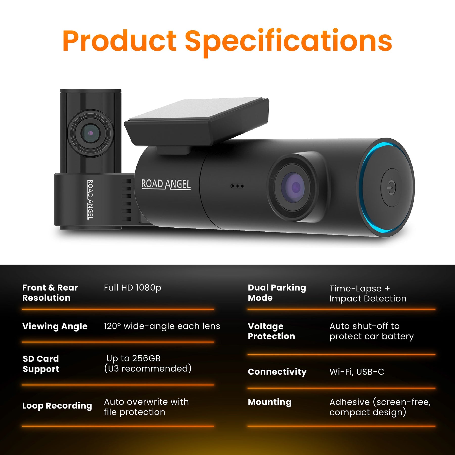 New - Halo Spark Dual Full HD 1080p Front & Rear Dash Camera With Dual Parking Mode & Winter Mode (USB-C) With 64GB SD Card & Hardwiring Kit Bundle