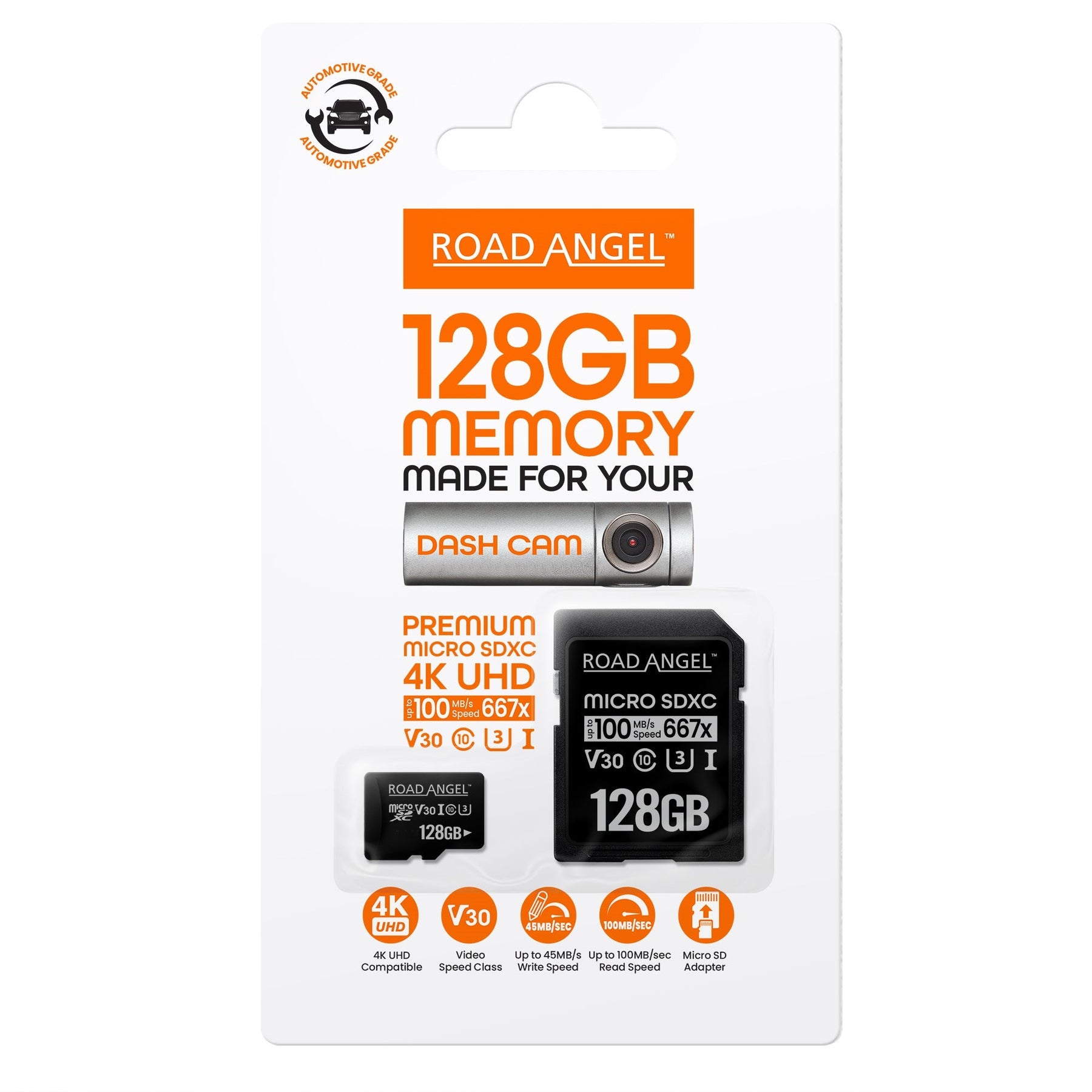 Carte MicroSD Road Angel 128 Go - Qualité automobile, conçue pour les caméras embarquées Halo 