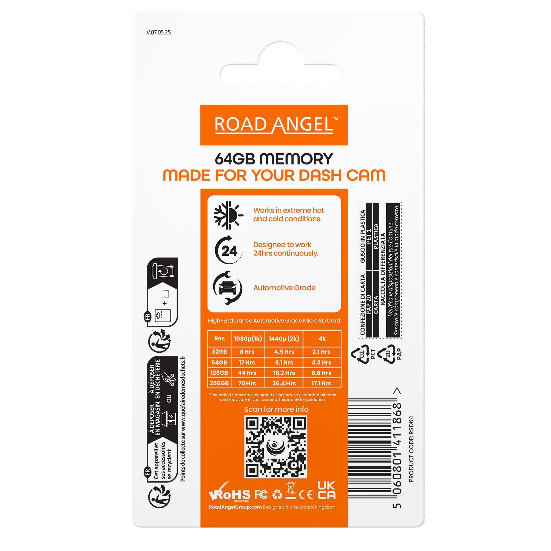 Carte MicroSD Road Angel 64 Go - Qualité automobile, conçue pour les caméras embarquées Halo 